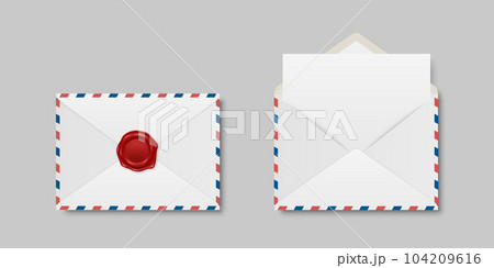 Vector Envelopes with Red Wax Seal and Blank Letter. Folded, Unfolded Isolated Envelope Set in Top View. Design Templat. Message, Notification, Mailing, Surprise and Congratulations Concept Vector Envelopes with Red Wax Seal and Blank Letter. Folded, Unfolded Isolated Envelope Set in Top View. Design Templat. Message, Notification, Mailing, Surprise and Congratulations Concept 104209616