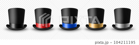 Vector 3d Realistic Black Top Hat Icon Set with Different Color Ribbon Closeup Isolated. Classic Retro Vintage Top Hat Collection, Vintage Gentlemans Mens Hats, Front View 104211195