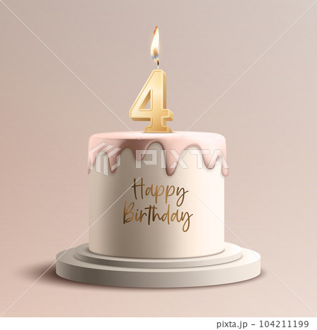 Four Years. Vector Birthday Anniversary Sweet Cake. Greeting Card, Banner with 3d Realistic Burning Golden Birthday Party Candle, Number, Flame. Icon Design Template for Birthday Concept. Front View 104211199