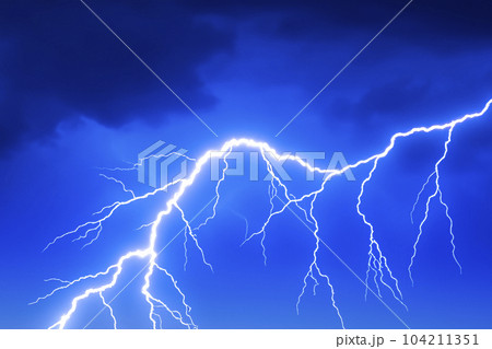 Ray. Lightning storm. Lightning bolt storm. Fork lightning striking. Lightning thunderstorm flash over the night sky. Concept on topic weather, cataclysms (hurricane, Typhoon, tornado, storm). 104211351