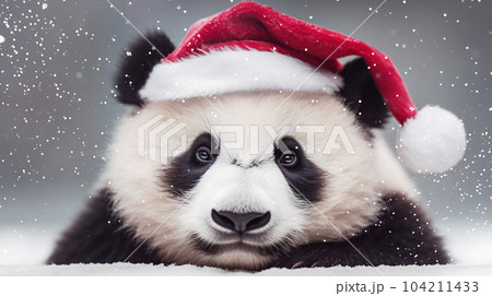 Cute panda bear in Santa's hat, on background with falling snow. New Year, holiday concept. 104211433