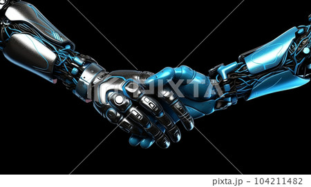 Handshake of two robots, cybersecurity concept, meeting in the future, fantasy world Handshake of two robots, cybersecurity concept, meeting in the future, fantasy world 104211482