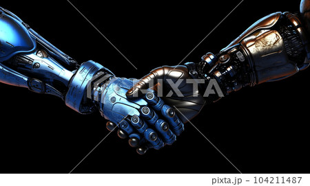 Handshake of two robots, cybersecurity concept, meeting in the future, fantasy world Handshake of two robots, cybersecurity concept, meeting in the future, fantasy world 104211487