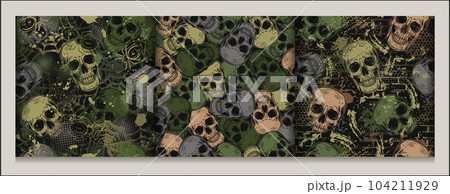 Set of khaki camouflage patterns with human skulls, brick wall, abstract brushstrokes, spiderweb. Grunge style of illustrations. Good for apparel, clothing, fabric, textile, sport goods. 104211929
