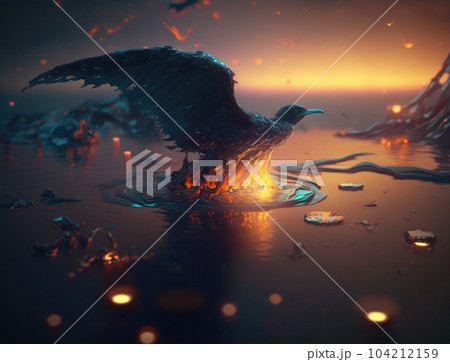 Bird stained with oil. Pollution of environment illustration. Oil spill in ocean highlighting the harmful effect. Generative AI 104212159