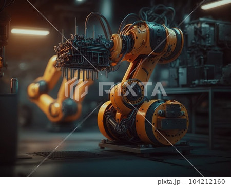 Smart industry robot arms for digital factory production technology showing automation manufacturing process. Generative AI 104212160