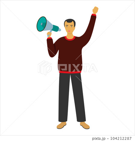 A man in a red sweater with a megaphone in his hand A man in a red sweater with a megaphone in his hand 104212287