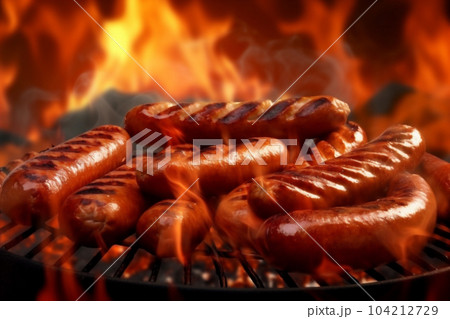 Sausages on the grill with smoke and flames, outdoor summe barbeque, stock photo banner, AI Generative 104212729