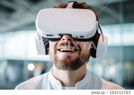 Senior man wearing Virtual Reality VR Headset. Entertainment and people concept. Man play game in VR glasses. 104212763