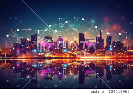 Communication network of urban city. Internet of Things. Business network on city background. AI Generative 104212965