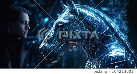 Portrait of a young man and white horse on futuristic crystal blue background 104213003