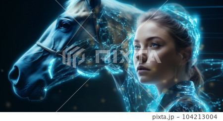 Portrait of a beautiful young woman and white horse on futuristic crystal blue background 104213004