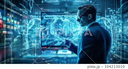 Man project office manager, working at evening in crystals lights office. Generative AI 104213010