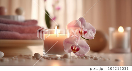 Spa and wellness setting with orchid flower, candles and towel. AI Generative. 104213051