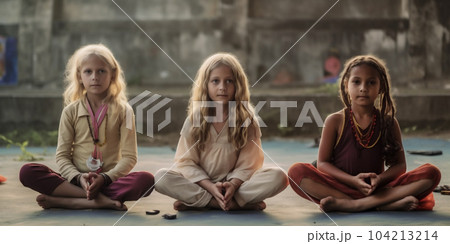 Group of children doing meditation yoga asana,...のイラスト素材 [104213214 ...