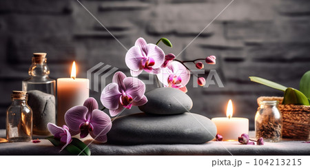 Spa and wellness setting with orchid flower, candles and towel. AI Generative. 104213215