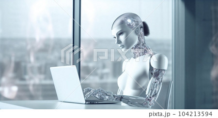 Beautiful humanoid android cyborg, insta womans working on laptop at day in crystals lights office. Generative AI 104213594