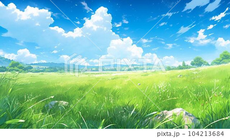 Fujio 油彩画 青空と草原の風景 Fujio 油彩画 青空と草原の風景（青空 草原」の写真素材