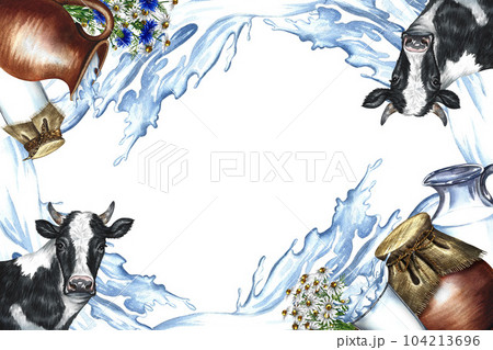 Frame with dairy products in ceramic and glassware, portraits of cows. Splash of milk. Watercolor hand drawn illustration. White background. For the design of advertising, packaging, flyers. Frame with dairy products in ceramic and glassware, portraits of cows. Splash of milk. Watercolor hand drawn illustration. White background. For the design of advertising, packaging, flyers. 104213696