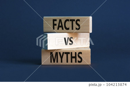 Facts vs myths symbol. Concept words Facts vs myths on wooden blocks on a beautiful grey table grey background. Business, finacial and facts vs myths concept. Copy space. 104213874