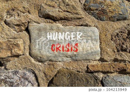 Hunger crisis symbol. Concept words Hunger crisis on beautiful stone on a beautiful stone wall background. Business, support and Hunger crisis concept. Copy space. 104213949