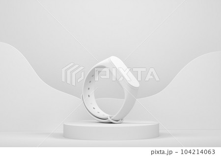 Fitness tracker or smart watch on cylinder podium with steps on monochrome background. 3d render of display product like sport accessories for team playing 104214063