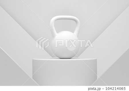 Kettlebell with metal disks on cylinder podium with steps on monochrome background. 3d render of display product like sport accessories for team playing Kettlebell with metal disks on cylinder podium with steps on monochrome background. 3d render of display product like sport accessories for team playing 104214065