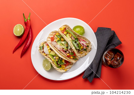 Mexican food featuring tacos 104214230