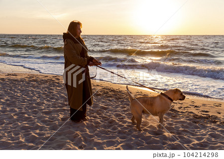 The girl walks with the dog along the beach. 104214298
