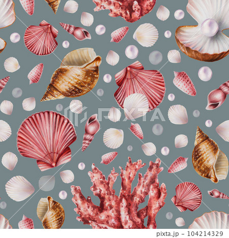 Watercolor seamless pattern with corals, shells and pearls. Hand painting clipart underwater life objects on a white isolated background. For designers, decoration, postcards, wrapping paper Watercolor seamless pattern with corals, shells and pearls. Hand painting clipart underwater life objects on a white isolated background. For designers, decoration, postcards, wrapping paper 104214329