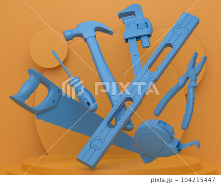 Abstract scene or podium with carpenters tools on monochrome background Abstract scene or podium with carpenters tools on monochrome background 104215447