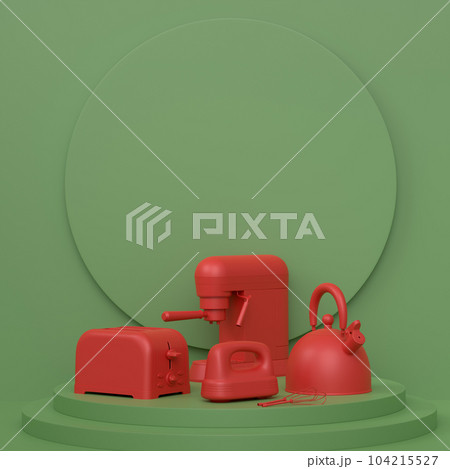 Abstract scene or podium with kitchen appliances and utensils on monochrome. Abstract scene or podium with kitchen appliances and utensils on monochrome. 104215527