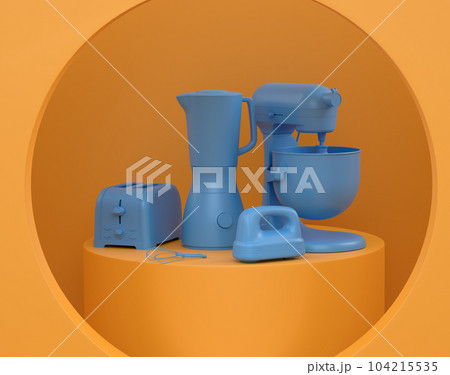 Abstract scene or podium with kitchen appliances and utensils on monochrome. Abstract scene or podium with kitchen appliances and utensils on monochrome. 104215535