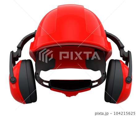 Red safety helmet or hard cap and earphones muffs on wihte background 104215625