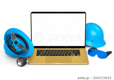 Set of safety helmets or hard caps, goggles and laptop on white background 104215654