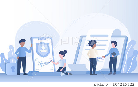 Online agreement and contract deal concept. Business transactions, electronic signature, signing contracts and deal through online platform. 104215922