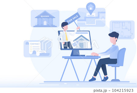 Man searching house to buy in real estate market through online platform with the video assistance of a real estate agency. Location map, price range, room plan, contract, deal, term and condition. Man searching house to buy in real estate market through online platform with the video assistance of a real estate agency. Location map, price range, room plan, contract, deal, term and condition. 104215923