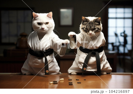 Two cats wearing kimono for martial arts at training. Generative AI 104216897