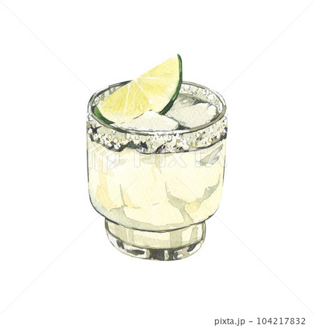 Watercolor summer cocktail spicy lime margarita in a short glass. Hand-drawn illustration isolated on white background. Perfect for recipe lists with drinks, brochures for cafe 104217832