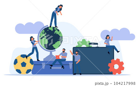 Challenge journey man and woman vector concept illustration with suitcase,ball,cap. Business achievement career success goal. Target aim direction way. Travel motivation job banner. Trekking adventure 104217998