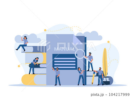 Man and woman create document book manual. Business handbook advice content vector. Online web paper digital illustration article journalism. Social marketing blogging design. Promotion banner guide Man and woman create document book manual. Business handbook advice content vector. Online web paper digital illustration article journalism. Social marketing blogging design. Promotion banner guide 104217999