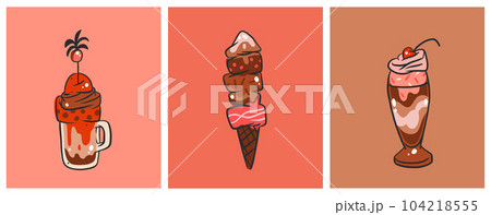 Hand drawn vector abstract cartoon ice creram cone ,sundae line art illustration set .Ice cream dessert vector illustration design concept. Sweed gelatos,ice dessert cute doodle illustration isolated. 104218555