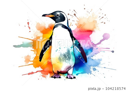 Watercolor penguin with colorful splashes onのイラスト素材