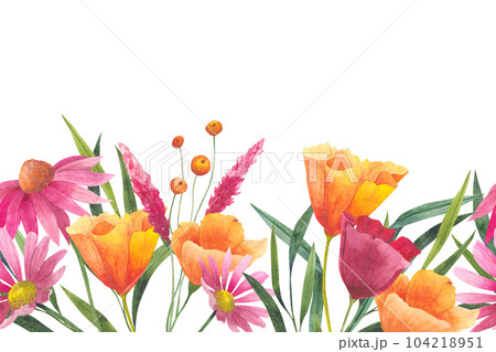 Floral seamless border with abstract wildflowers, plants and delicate branches, watercolor print isolated on white background for textile or wallpapers, illustration in provence style Floral seamless border with abstract wildflowers, plants and delicate branches, watercolor print isolated on white background for textile or wallpapers, illustration in provence style 104218951