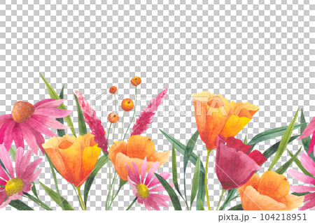 Floral seamless border with abstract wildflowers, plants and delicate branches, watercolor print isolated on white background for textile or wallpapers, illustration in provence style Floral seamless border with abstract wildflowers, plants and delicate branches, watercolor print isolated on white background for textile or wallpapers, illustration in provence style 104218951