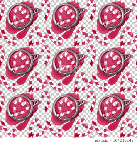 A cup with a drink and a decor in the form of a heart of two Christmas candies. Isolated watercolor illustration of a pink cup with a spilled drink. Seamless pattern. Ideal for decorating cafes 104219148