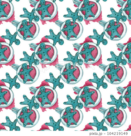 Gingerbread in the form of a green man and a hot drink in a mug. Seamless holiday pattern for your design. Perfect for greeting cards, menus, wallpaper decor and textiles Gingerbread in the form of a green man and a hot drink in a mug. Seamless holiday pattern for your design. Perfect for greeting cards, menus, wallpaper decor and textiles 104219149