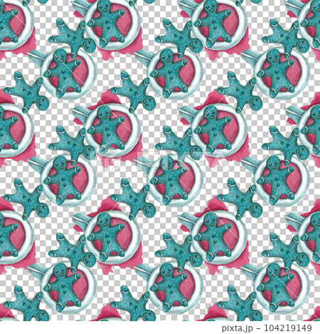 Gingerbread in the form of a green man and a hot drink in a mug. Seamless holiday pattern for your design. Perfect for greeting cards, menus, wallpaper decor and textiles Gingerbread in the form of a green man and a hot drink in a mug. Seamless holiday pattern for your design. Perfect for greeting cards, menus, wallpaper decor and textiles 104219149