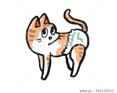 おむつを付けた猫の手書き水彩風イラスト 104219313