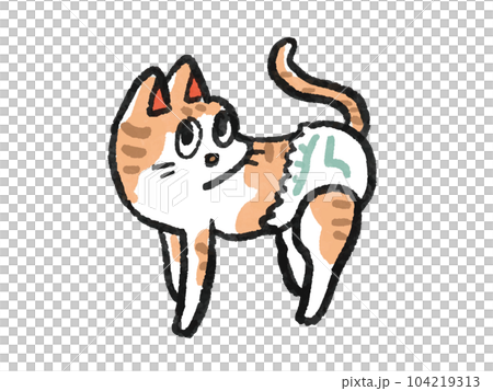 おむつを付けた猫の手書き水彩風イラスト 104219313